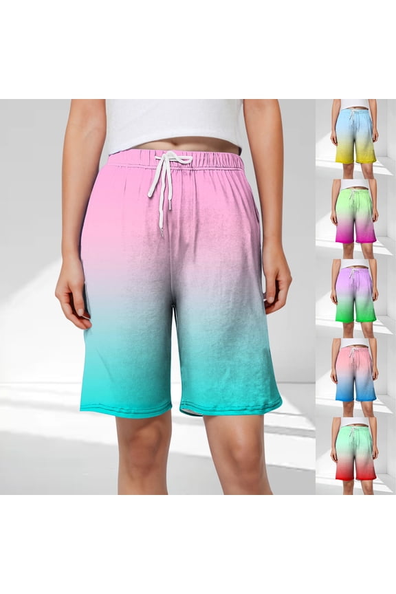 Women's Knee Length Shorts Graident Printed Casual Elastic Waist Drawstring Pockets Bermuda Shorts for Women