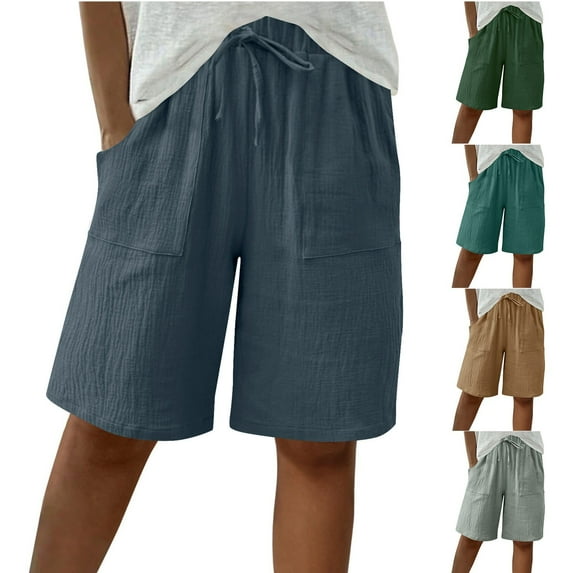 Simua Women's Knee Length Shorts Wide Leg Elastic Drawstring Pockets Solid Color Bermuda Shorts for Women Culottes