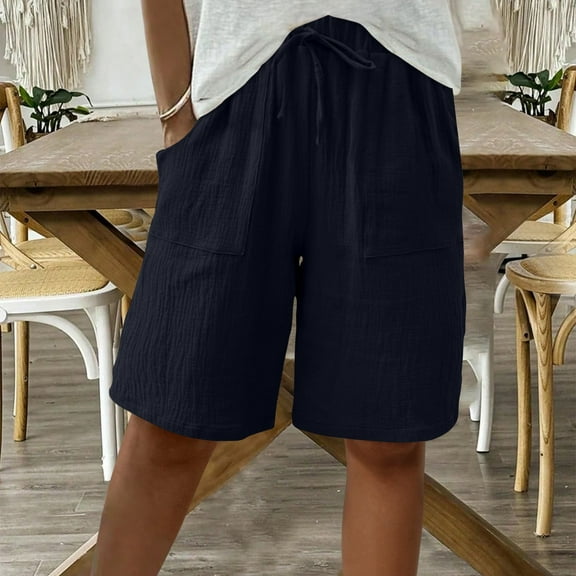 Simua Women's Knee Length Shorts Wide Leg Elastic Drawstring Pockets Solid Color Bermuda Shorts for Women Culottes