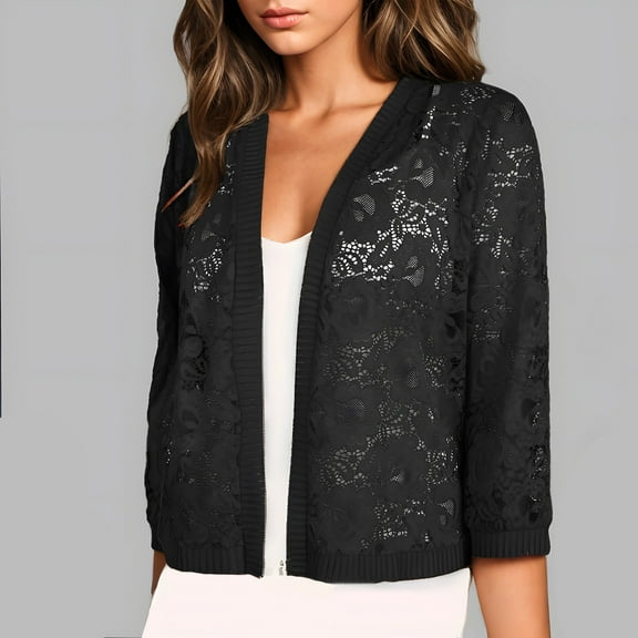 Simua Women's Lace Cardigan Lightweight Crochet Cardigan Solid Color Long Sleeve Sweater Trendy Jacket