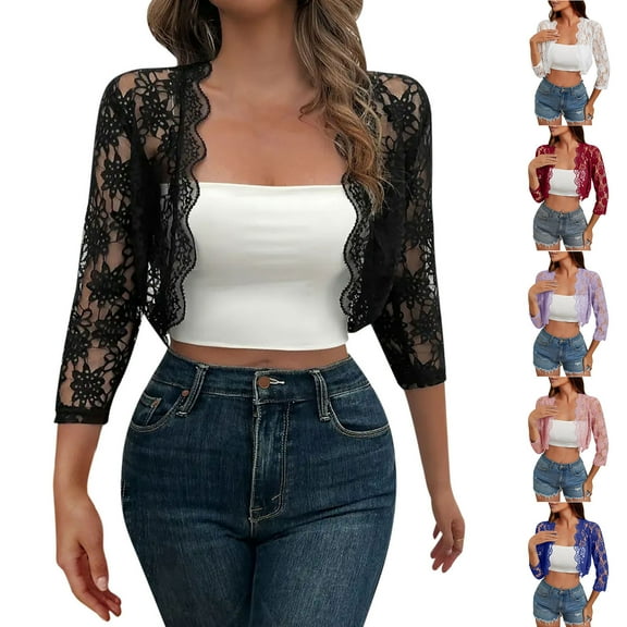 Simua Women's Lace Cardigan Open Front Lace Shrug Elegant Sheer Solid Color Floral Cropped Tops