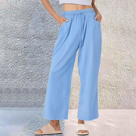 Simua Women's Linen Drawstring High Waisted Pants Casual Solid Color Loose Fit Wide Leg Trousers with Pockets Blue S
