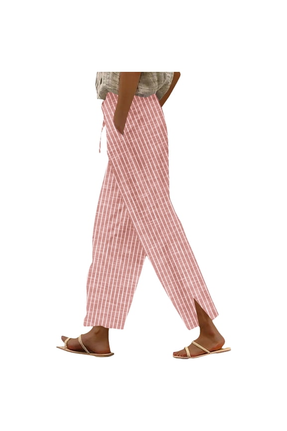 Women's Linen Pants Striped Split Side Straight Leg Drawstring Elastic Waist Trousers with Pockets