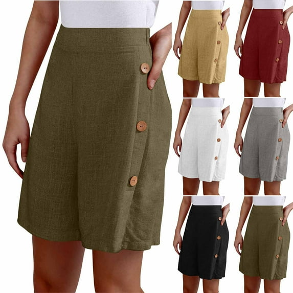 Simua Women's Loose Shorts Summer Fashion Solid Color Side Button Straight Leg Bermuda Shorts