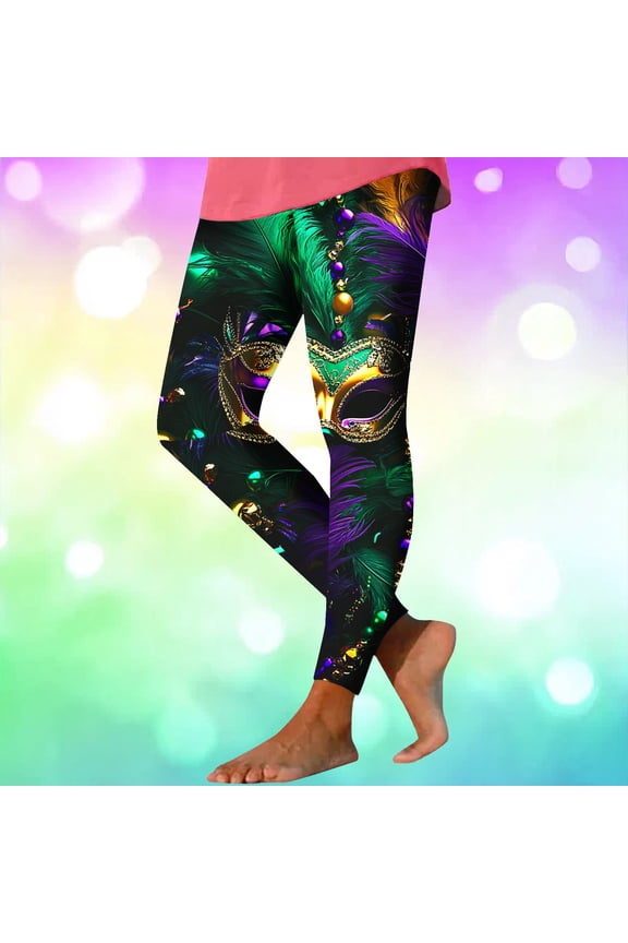 Simua Women's Mardi Gras Mask Feather Print High Waist Tight Yoga Leggings Polyester Spandex Casual Fashion Base Pants for Gym Leisure Daily Wear