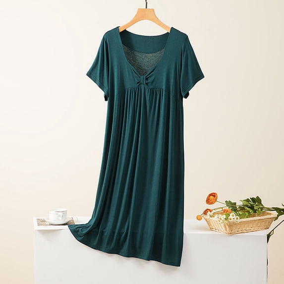 Simua Women's Nightgown for Women Solid Color V-Neck Short Sleeve Sleep Shirts Ruffled Modal Mid Length Loungewear