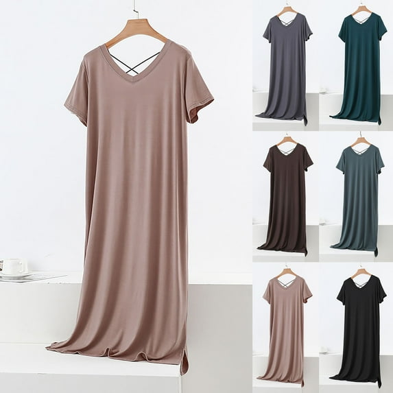 Simua Women's Nightgown for Women Solid Color V-Neck Short Sleeve Sleep Shirts Ruffled Modal Mid Length Loungewear