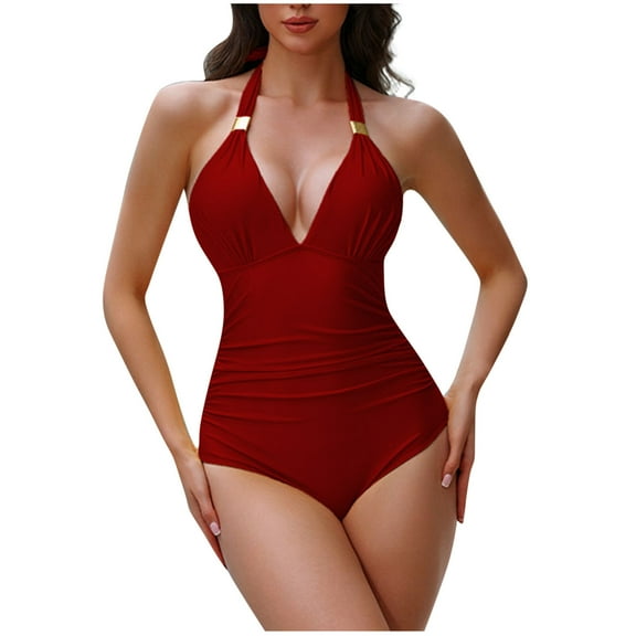 Simua Women's One Piece Backless Swimsuit Deep V Neck Halter Solid Color Ruched Slimming Bathing Suit for Beach Pool Party
