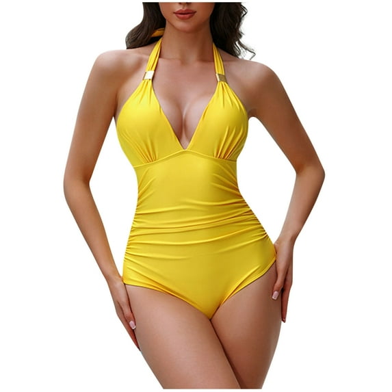 Simua Women's One Piece Backless Swimsuit Deep V Neck Halter Solid Color Ruched Slimming Bathing Suit for Beach Pool Party