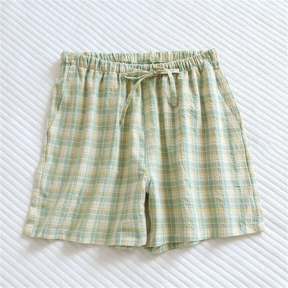 Simua Women's Plaid Washed Cotton-Like Shorts | Elastic Waist Drawstring Casual Shorts for Summer Beach & Lounge Wear