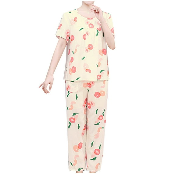 Simua Women's Plus Pajamas Sets Print O-Neck Short Sleeve Top and Cropped Pants Casual Loungewear