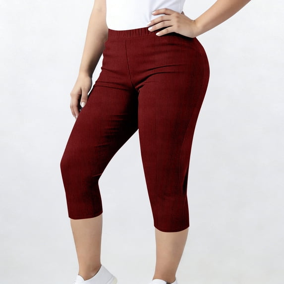 Simua Women's Plus Size Ribbed Texture Yoga Capris Elastic Waist Polyester Stretchy Solid Pants for Casual Sport Daily Home Outdoor Wear