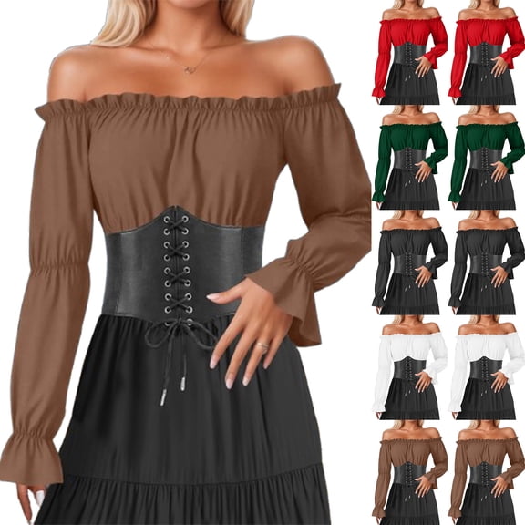 Simua Women's Renaissance Crop Shirt Ruffle Long Sleeve Off the Shoulder Pleated Blouse Dressy Tops