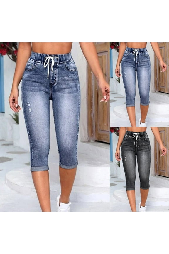 Women's Ripped Denim Capri Pants High Waisted drawstring Casual Skinny Slim Fit Stretch Jeans