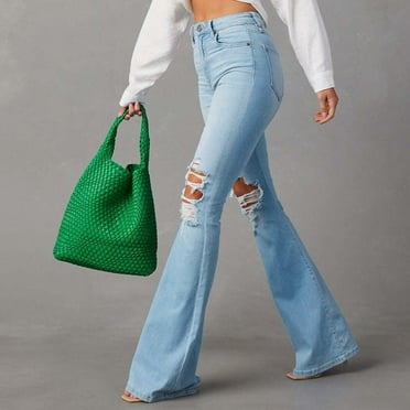 Simua Women's Ripped High Waisted Straight Stretchy Flare Jeans Wide Leg Destroyed Button Denim Pants