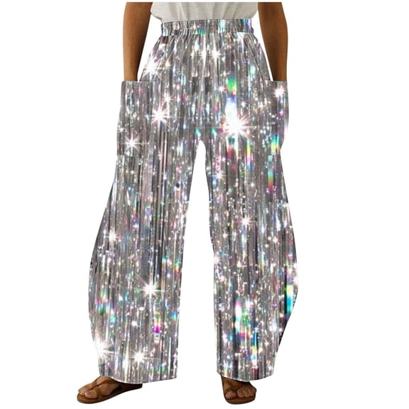 Simua Women's Sequin Print Wide Leg Palazzo Pants - Glitter Embellished Casual Lounge Trousers with Elastic Waist for Daily Wear, S-XXL