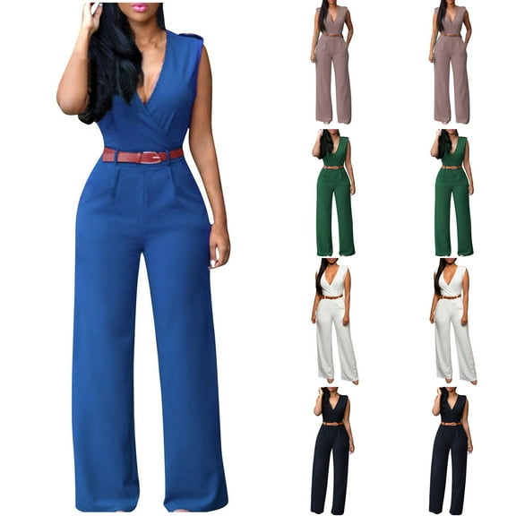 Simua Women's Sexy Casual Working Rompers Sleeveless V Neck High Waist Back Button Belt Long Jumpsuit
