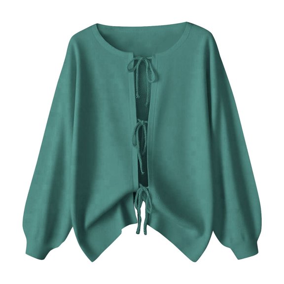 Simua Women's Solid Color Cardigan Drawstring Round Neck Lightweight Pullover Jacket