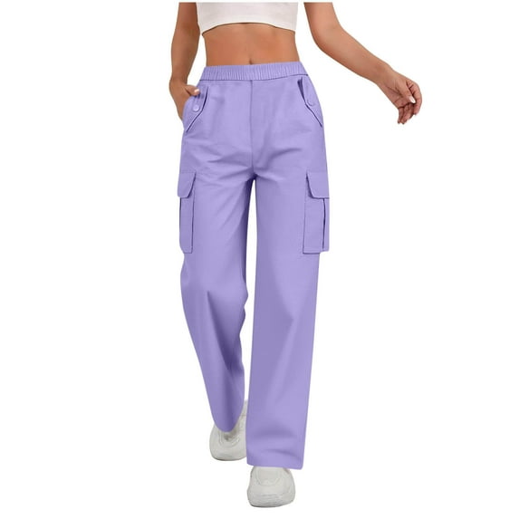 Simua Women's Solid Color Cargo Pants - Elastic Waist Button Pockets 100% Polyester Pre-Shrunk Cool Silk Cotton Casual Workwear Trousers (Sizes S, M, L, XL, XXL)