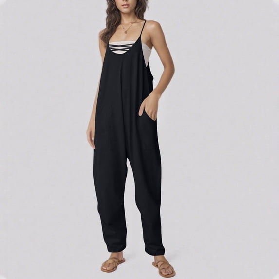 Simua Women's Solid Color Cross Neck Adjustable Strap Jumpsuit Loose Harem Leg With Pockets For Casual Daily Beach Vacation Summer Spring