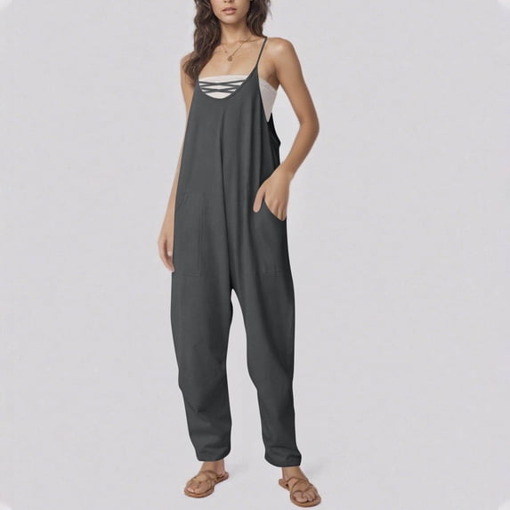 Simua Women's Solid Color Cross Neck Adjustable Strap Jumpsuit Loose Harem Leg With Pockets For Casual Daily Beach Vacation Summer Spring