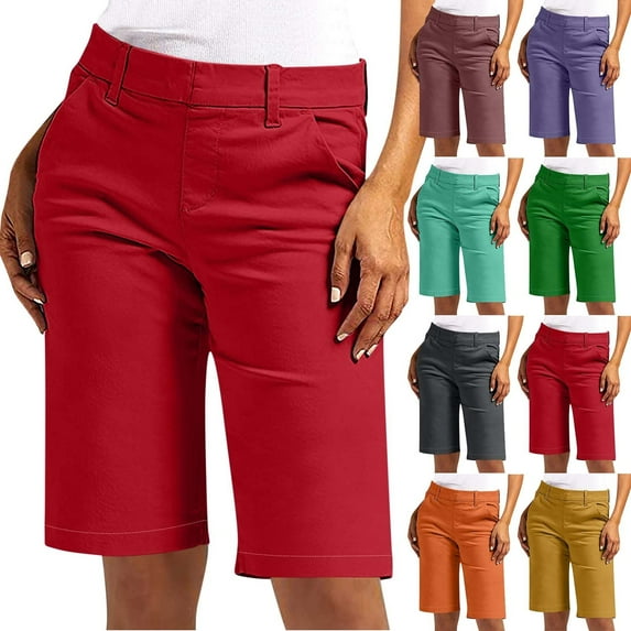 Simua Women's Solid Color Elastic Twill Slim Waist Hiking Shorts with Pockets Summer Casual Bermuda Shorts