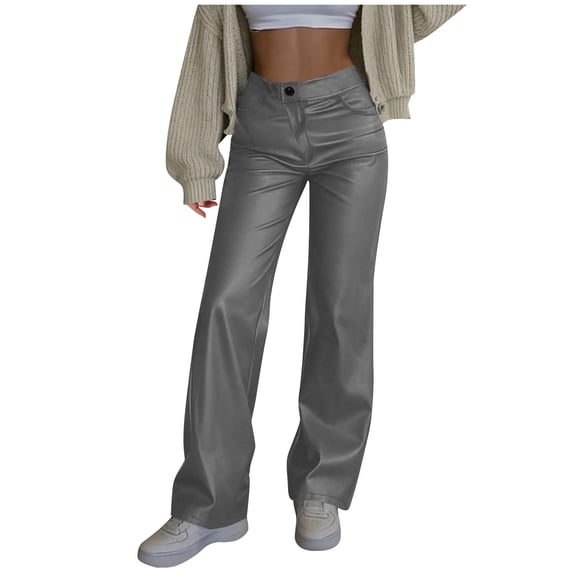 Simua Women's Solid Color Faux Leather Casual Pants - Button Zipper & Elastic Stretch Waist Wide-Leg Straight Trousers with Side Pockets (S-XXL)