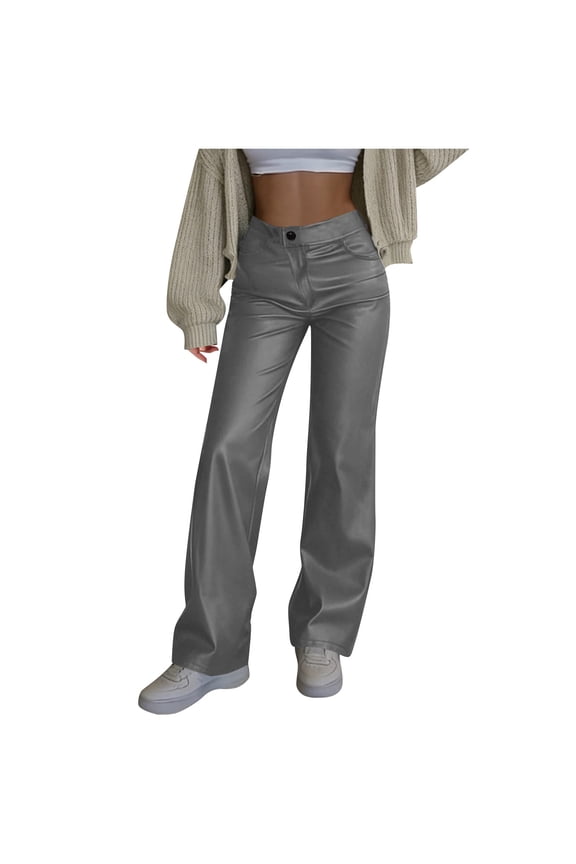 Simua Women's Solid Color Faux Leather Casual Pants - Button Zipper & Elastic Stretch Waist Wide-Leg Straight Trousers with Side Pockets (S-XXL)