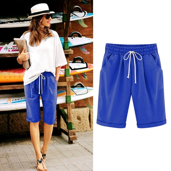 Simua Women's Solid Color Knee-Length Casual Shorts | Elastic Waist Drawstring Shorts with Pockets and Cuffed Hem