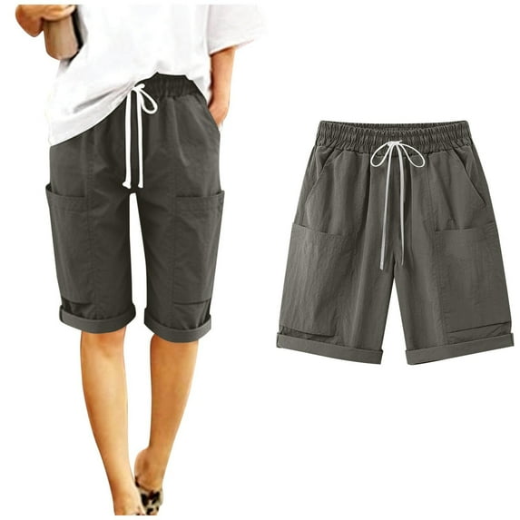 Simua Women's Solid Color Linen-Like Knee-Length Cargo Shorts | Drawstring Waist Casual Shorts with Pockets