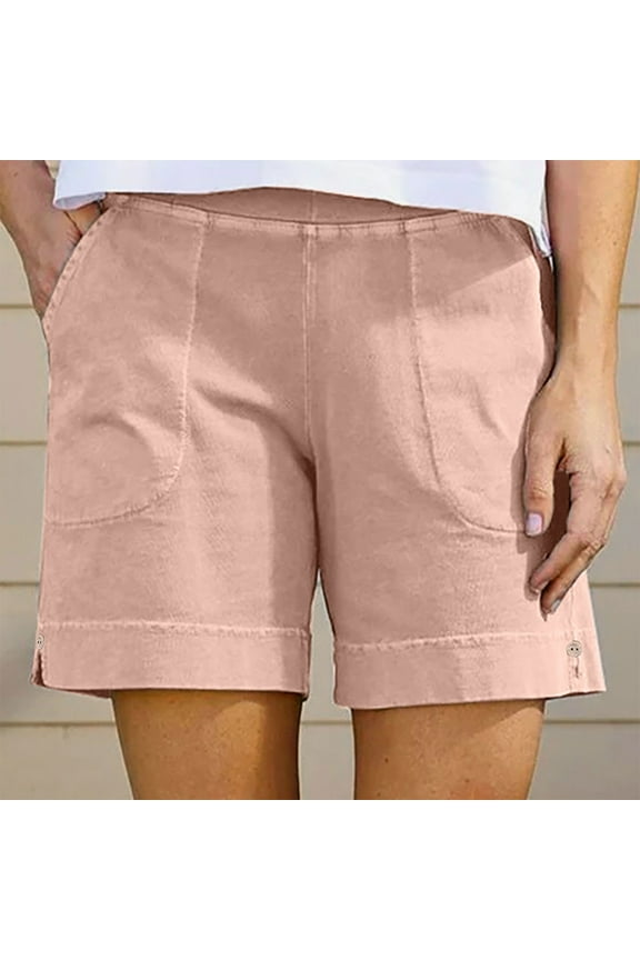 Simua Women's Solid Linen-Like Casual Shorts | Elastic Waist Cuffed Hem Shorts with Pockets & Button Detail