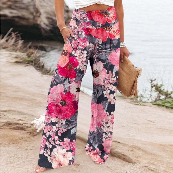Simua Women's Spring 2025 Pants Flower Print High Waist Straight Leg Pants Comfy Breathable Bottoms Casual Pants with Pockets
