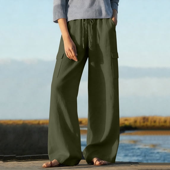 Simua Women's Spring Summer Solid Color Elastic Waist Linen Cotton Casual Cargo Straight Ankle Length Pants with Pockets Leisure Daily Wear