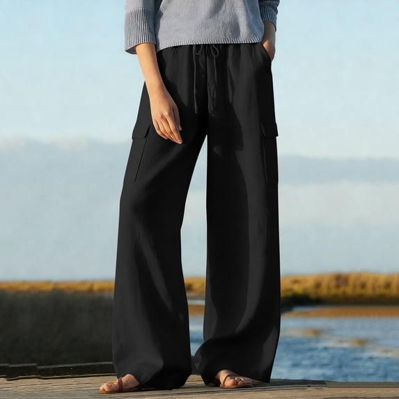 Simua Women's Spring Summer Solid Color Elastic Waist Linen Cotton Casual Cargo Straight Ankle Length Pants with Pockets Leisure Daily Wear