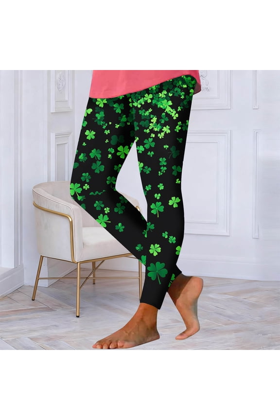 Simua Women's St. Patrick's Day Clover Print High Waist Tight Yoga Leggings Polyester Spandex Casual Gym Leisure Fashion Base Pants