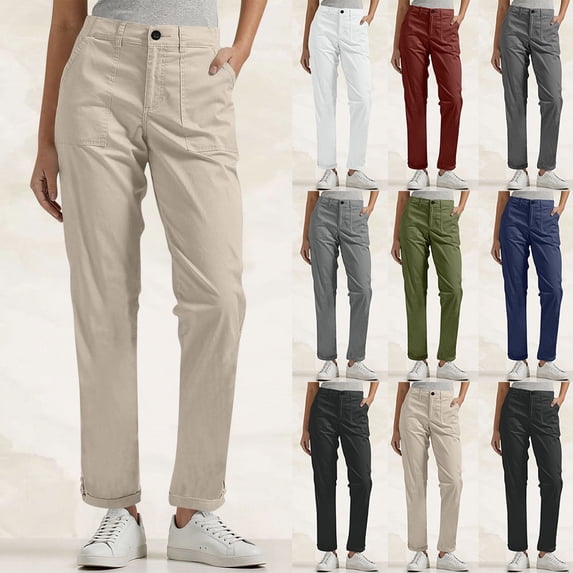 Simua Women's Straight Cargo Pant, Mid-Rise, Hook and Eye Closure with Zip Fly, Four Pockets