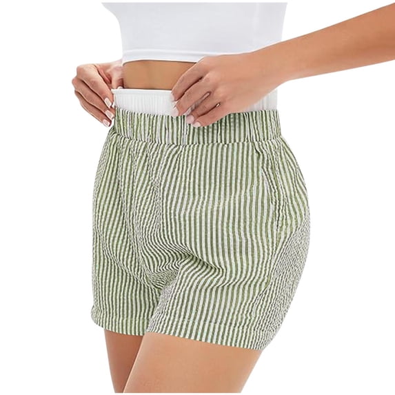 Simua Women's Striped Double Waistband Elastic Waist Shorts | Casual Linen-Like Lounge Shorts for Summer & Beach