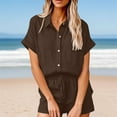 thumbnail image 1 of Simua Women's Summer 2 Piece Outfit Short Sleeve Button Down Shirt and Drawstring Shorts Solid Color Cotton Linen Lounge Sets, 1 of 6