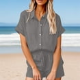 thumbnail image 1 of Simua Women's Summer 2 Piece Outfit Short Sleeve Button Down Shirt and Drawstring Shorts Solid Color Cotton Linen Lounge Sets, 1 of 6