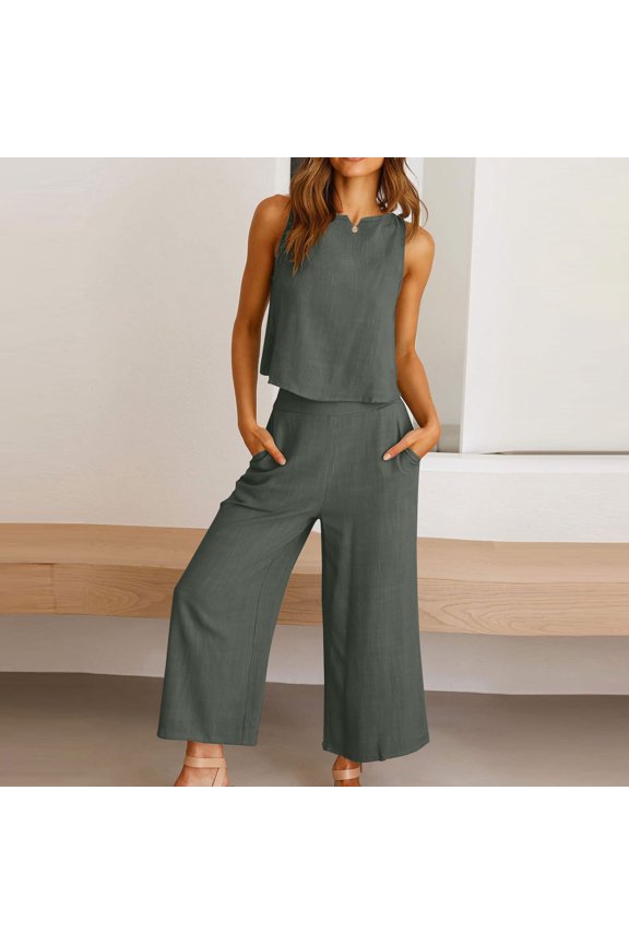 Women's Summer 2 Piece Outfits Set Round Neck Sleeveless Button Tank Crop Top Wide Leg Pants Set Cotton Linen Jumpsuits with Pockets