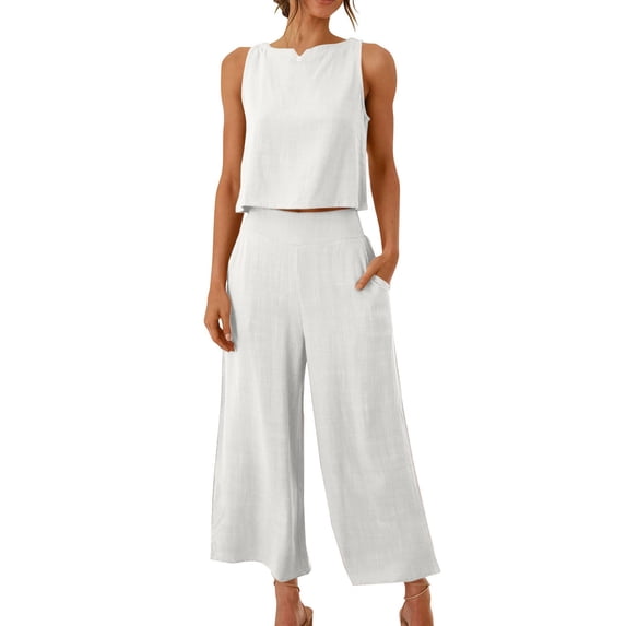 Simua Women's Summer 2 Piece Outfits Set Round Neck Sleeveless Button Tank Crop Top Wide Leg Pants Set Cotton Linen Jumpsuits with Pockets