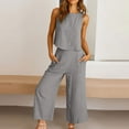 thumbnail image 1 of Simua Women's Summer 2 Piece Outfits Set Round Neck Sleeveless Tank Crop Top Wide Leg Pants Set Cotton Linen Jumpsuits with Pockets, 1 of 8