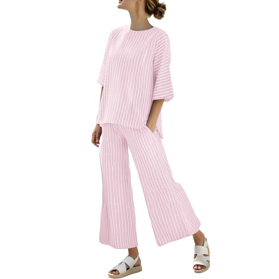 Simua Women's Summer 2 Piece Outfits Set Striped Round Neck 3/4 Sleevle Top and Wide Leg Pants Loose Lounge Sets