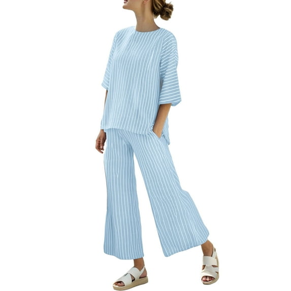 Simua Women's Summer 2 Piece Outfits Set Striped Round Neck 3/4 Sleevle Top and Wide Leg Pants Loose Lounge Sets