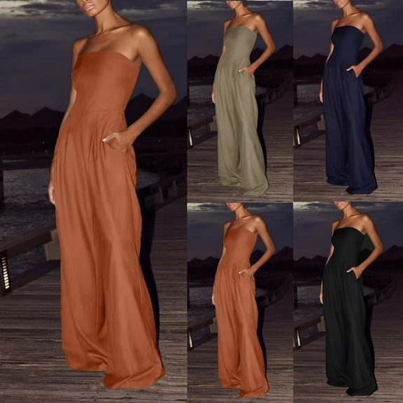 Simua Women's Summer Casual Sleeveless Figure-Hugging Strapless Wide Leg Jumpsuit Loose Tube Top Romper with Pockets