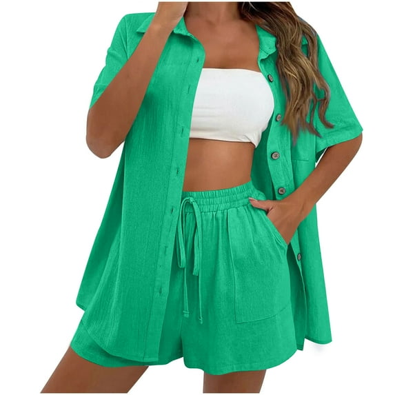 Simua Women's Summer Cotton Linen Short Sets 2 Piece Button Down Shirts and Shorts Set Beach Vacation Outfits Tracksuits