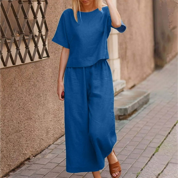 Simua Women's Summer Fashion 2 Piece Sets Round Neck Short Sleeve Tops Wide Leg Pants Casual Solid Color Outfits Sets