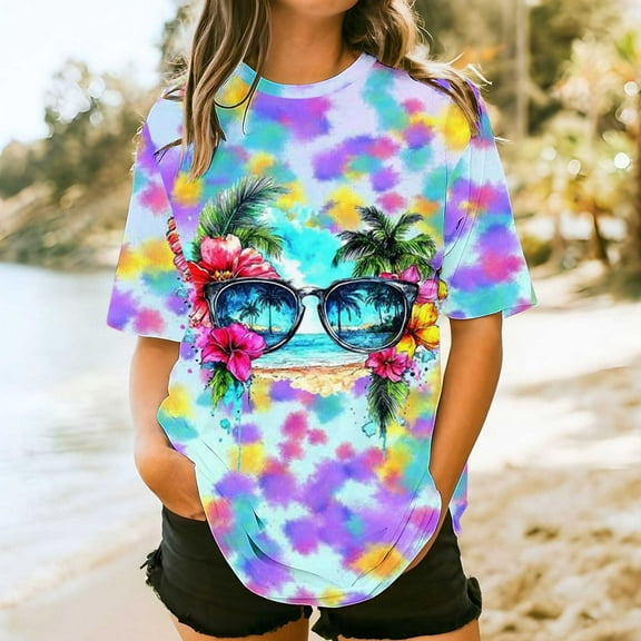 Simua Women's Summer Fashion Tops, Ladies Plus Size Pullover Beach Printed Short Sleeved Round Neck Loose Top Multicolor M