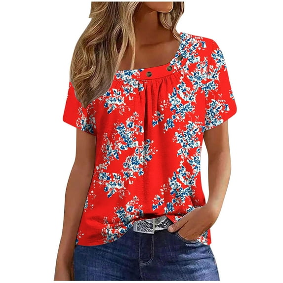 Simua Women's Summer Fashion Tops, Ladies Short Sleeved Pleated T-shirt Printed Round Neck 3 Button Tunic Top Red S