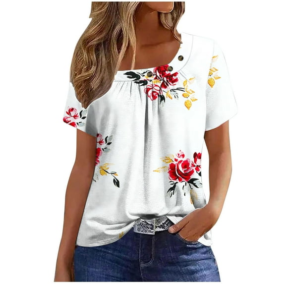 Simua Women's Summer Fashion Tops, Ladies Short Sleeved Pleated T-shirt Printed Round Neck 3 Button Tunic Top White XXL